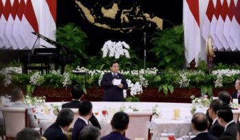 Presiden Prabowo Subianto menyampaikan sambutan pembukaan pada jamuan makan siang bersama delegasi JAPINDA dan JJC di Istana Negara, Jakarta Pusat  (BPMI Setpres)