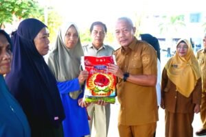 Bupati Banggai Laut Sofyan Kaepa memberikan sembako ke warga di pasar murah yang digelar di kawasan Taman Kota Banggai (Ist)
