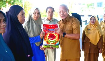 Bupati Banggai Laut Sofyan Kaepa memberikan sembako ke warga di pasar murah yang digelar di kawasan Taman Kota Banggai (Ist)