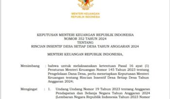 Surat Keputusan Kementerian Keuangan RI tentang insentif Dana Desa (Tangkapan Layar)