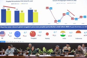 Menteri Keuangan Sri Mulyani Indrawati (kedua kiri) didampingi Wakil Menteri Keuangan Thomas Djiwandono (kiri), Suahasil Nazara (kedua kanan), dan Anggito Abimanyu (kanan) menyampaikan konferensi pers APBN KiTa di Kantor Kementerian Keuangan, Jakarta, Selasa (17/6/2025). Menteri Keuangan melaporkan Anggaran Pendapatan dan Belanja Negara (APBN) mengalami defisit sebesar Rp21 triliun atau 0,09 persen terhadap Produk Domestik Bruto (PDB) pada Mei 2025. ANTARA FOTO/Dhemas Reviyanto/bar
