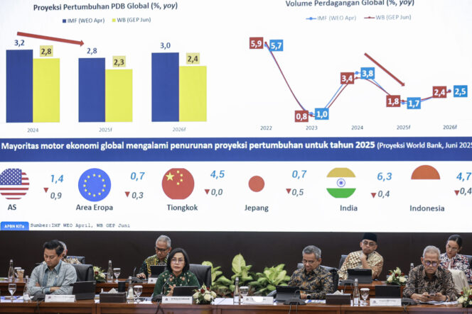 
					Menteri Keuangan Sri Mulyani Indrawati (kedua kiri) didampingi Wakil Menteri Keuangan Thomas Djiwandono (kiri), Suahasil Nazara (kedua kanan), dan Anggito Abimanyu (kanan) menyampaikan konferensi pers APBN KiTa di Kantor Kementerian Keuangan, Jakarta, Selasa (17/6/2025). Menteri Keuangan melaporkan Anggaran Pendapatan dan Belanja Negara (APBN) mengalami defisit sebesar Rp21 triliun atau 0,09 persen terhadap Produk Domestik Bruto (PDB) pada Mei 2025. ANTARA FOTO/Dhemas Reviyanto/bar