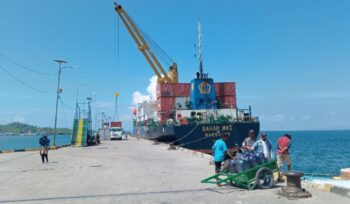 Bongkar muat kontainer di Pelabuhan Banggai Laut, melalui pelabuhan ini jadi salah satu denyut ekonomi di daerah paling timur Provinsi Sulawesi Tengah (Foto : Nomo/ BanggaiTerkini)