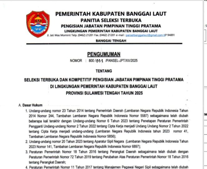 
					PENGUMUMAN : Pemkab Banggai Laut Lelang Terbuka 7 Kursi JPT Pratama Eselon IIb