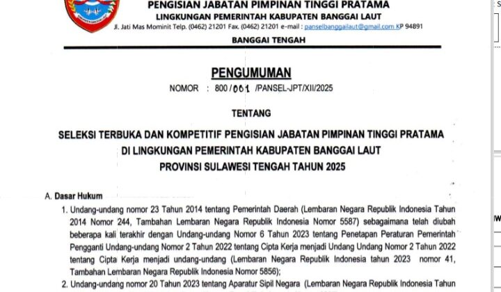 PENGUMUMAN : Pemkab Banggai Laut Lelang Terbuka 7 Kursi JPT Pratama Eselon IIb