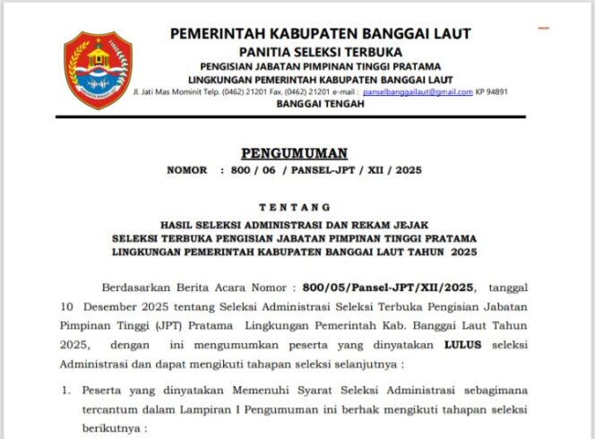 
					PENGUMUMAN : Hasil Seleksi Administrasi dan Rekam Jejak Seleksi Terbuka JPT Pratama Eselon IIb