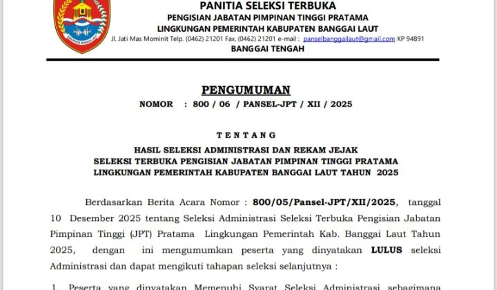 PENGUMUMAN : Hasil Seleksi Administrasi dan Rekam Jejak Seleksi Terbuka JPT Pratama Eselon IIb