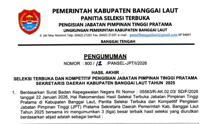 
					Pengumuman resmi hasil akhir seleksi terbuka Sekda Banggai Laut (tangkapan layar)
