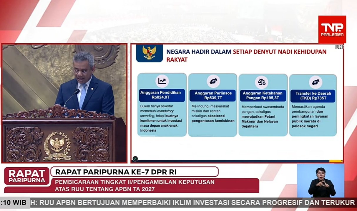 Menteri Keungan Suhasil Nazara saat membacakan rincian APBN 2027 (Tangkapan layar)